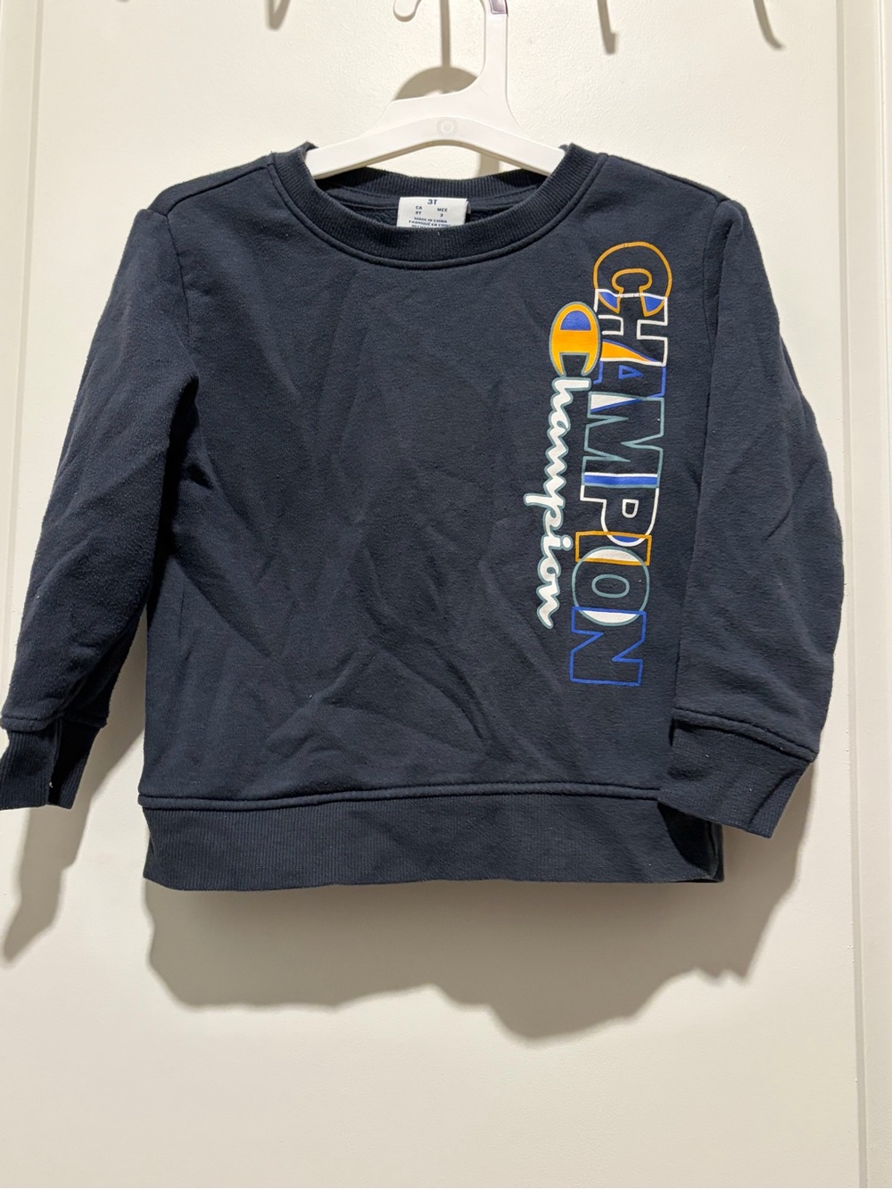 Champion Navy Kids Sweatshirt with Vertical Multicolor Logo